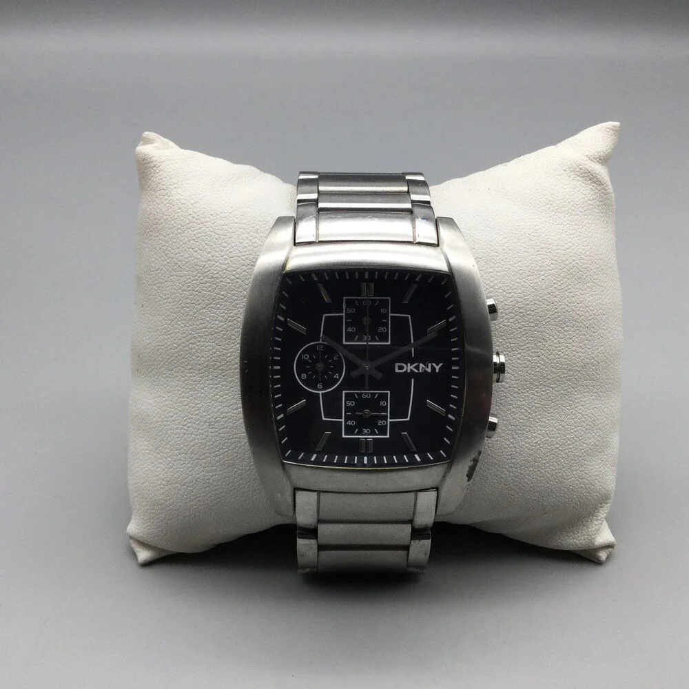 DKNY Mens Watch 38mm Black Dial Stainless Chronograph NY1234 New Battery 7.75